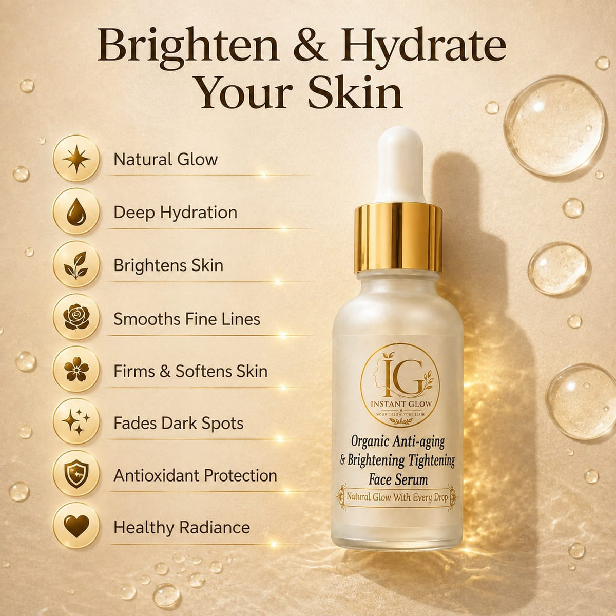 Organic Anti-Aging & Brightening Face Serum 30ml | Instant Glow & Skin Tightening