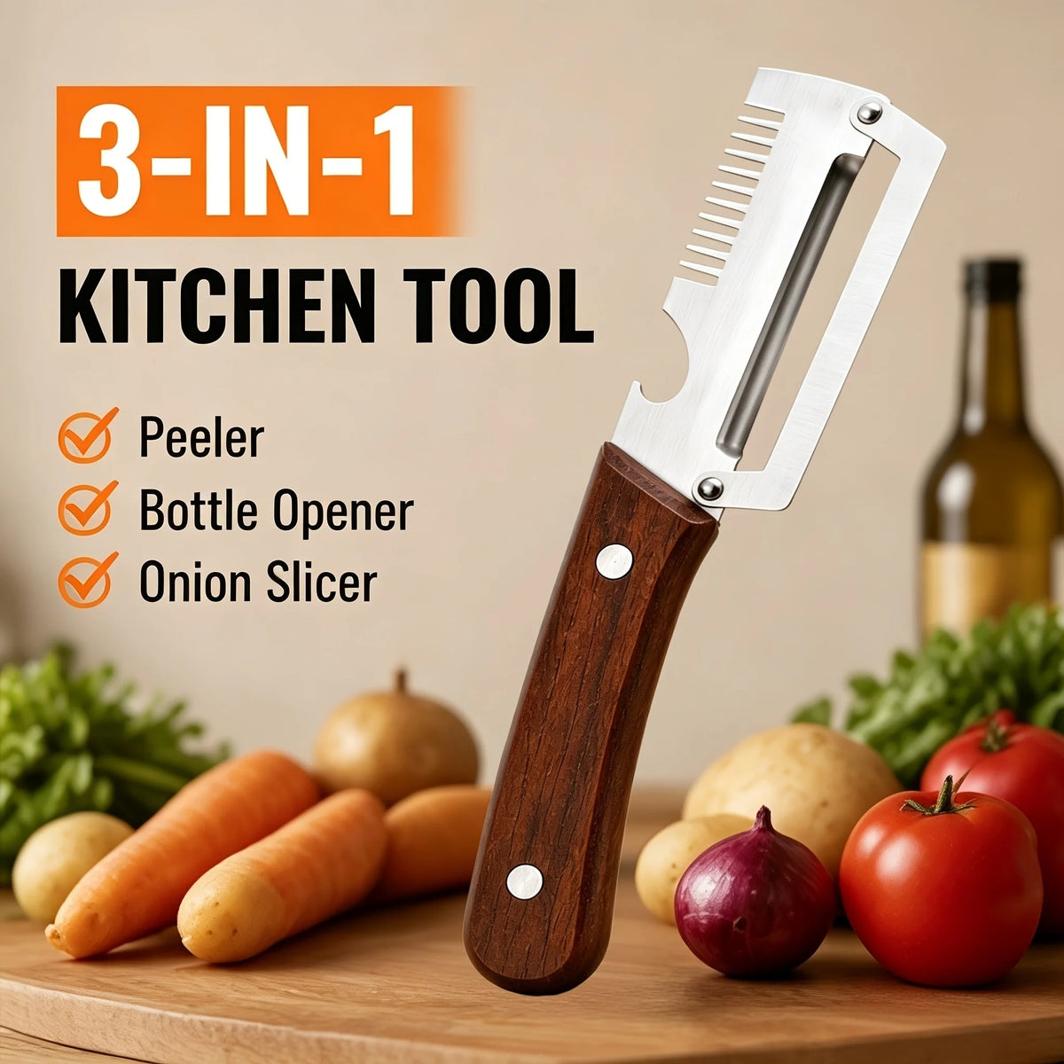 3-in-1 Peeler Knife Stainless Steel | Multifunctional Fruit & Vegetable Peeler with Wooden Handle